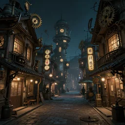 chinese japanese steampunk street at night, japanese steampunk houses with cogs and clocks, cinematic art, concept art, darek zabrocki, noah bradley, artstation, realistic photorealistic street concept art