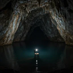 a huge cave, dark cave lake, a chair stool surrounded by black water under a tiny lightbulb, surreal, highly detailed, artstation, smooth, sharp focus, by greg rutkowski, 8 k