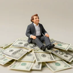 a very small man sitting, happy on a large pile of money, brewster millions