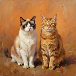 Turuncu arka plan üstünde iki kedi pinpon oynuyorlar, oil painting
