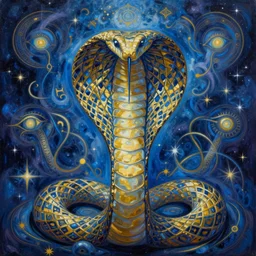 blue and gold scifi astral cobra snake painting of abstract surrealist forms by yvonne mcgillivray by mandy jurgens by michael divine, powerful eyes glowing highly detailed painting, spiritual abstract forms, symmetrical, trending on art station, abstract emotional, very beautiful, fantasy digital art, highly detailed patterned visionary art, magic symbols, by michael divine, cosmic nebula