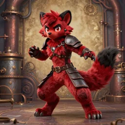 a dashing weasel bandit furry red - and - black fursona animal character { with tail }, leather armor, mid - action pose on a painted elaborate industrial background by peder balke, ue 5, this fursona has [ a tail! ]