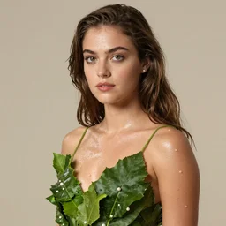 allison brie wearing a risque outfit made from leaves, half body portrait, greg kutkowski, sharp details, soft lighting, subsurface scattering, pearls of sweat, glistening skin, warm lighting