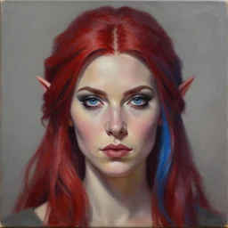 A detailed matte oil on canvas head on symmetrical portrait of a distinguished elven woman with side split red and blue hair (((((makeup))))) by Charlie bowater and lise deharme wlop, trending on artstationhd,  dungeons and dragons art critical role