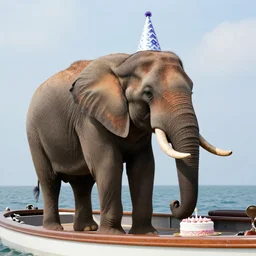 a gay elephant having a birthday on a boat, ultra realistic