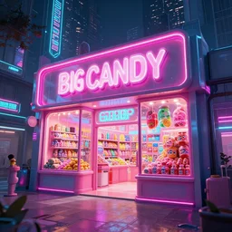 big candy shop in a cyberpunk city