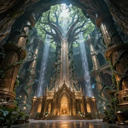 gleaming bronze temple, cyber-futurist gothic architecture, inside an enormous vast cave, huge trees, vines, waterfall