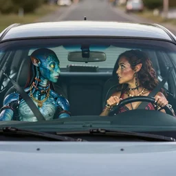 a stunning ultra detailed fine art photo of front view of car's windshield with a cyborg driver and na'vi passenger arguing inside, by tom bagshaw, artgerm and natalie shau, artstation, 8 k, deep depth of field, highly coherent, front view of the car, zoom in on the front windshield