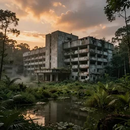 brutalist architecture abandoned hospital, surrounded by lush green forest and murky ponds of water, stunning volumetric lighting, sundown, stunning skies, trending on Artstation, 8k, photorealistic, hyper detailed, unreal engine 5, IMAX quality, cinematic, epic lighting, cryengine, octane render, gloomy, foggy, dark