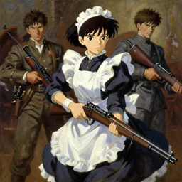 baroque oil painting of anime key visual concept art of anime maid committing war crimes with rifle 1 9 4 0 during occupation of france colorized, trending on artstation, brush strokes, oil on canvas, style of makoto shinkai and greg rutkowski and studio ghibli
