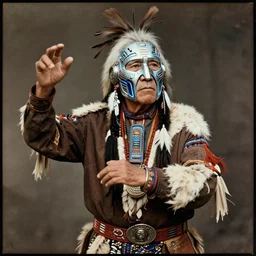 a beautiful portrait of a native american elder with futuristic cybernetic glowing war face paint, dynamic pose, sci - fi, cyberpunk, vintage photograph, by ruan jia, jules bastien - lepage, 8 k