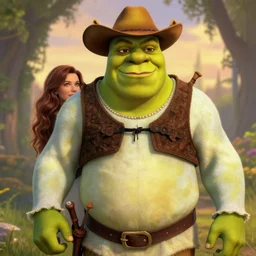 handsome shrek on a romance novel cover, cowboy, dreamy, fantasy, bodice ripper, western, detailed, artstation, annie leibovitz, greg rutkowski
