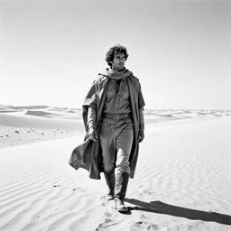 Nicanor Parra walking through the desert in Dune like clothing, full figure shot, wide angle, black and white graphite drawing