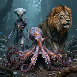 photo realistic alien invaders that look like a cross between a lion and an octopus