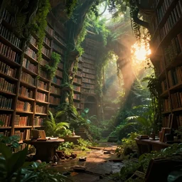 a decaying old futuristic library with a rainforest growing inside highly detailed intricate detail magical lighting dramatic scenery beautiful 3 d render dramatic lighting, sunset, global illumination, trending on artstation, bloom