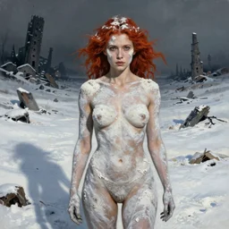 a woman covered in white ash with red hair, standing on a post apocalyptic snow fiels with shadows of former civilzations, painted by beksinski