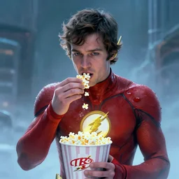 ezra miller as flash eating popcorn, ethereal fantasy art by greg rutkowski