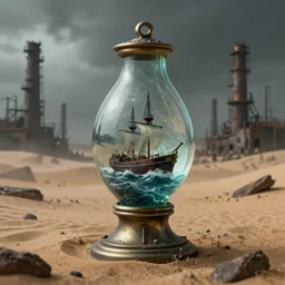storm glass, 1 8 th century style, with ship on a stormy sea in it, placed in a post - apocalyptic desert, with broken down factories in the background, doomy, artwork, hellscape, artistic, in the style of dariusz zawadzki, gloomy, trending on artstation