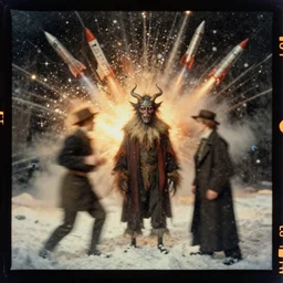 kodak portra 4 0 0, wetplate, muted colours, blueberry, 1 9 1 0 s style, motion blur, portrait photo of a backdrop, explosions, rockets, sparkling, krampus, snow storm, by georges melies and by britt marling