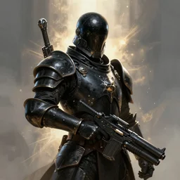 soldier in black metal armor and a big black sphere helmet, blaster in a hand, sci - fi, digital art, realistic, detailed, artstation, cinematic lighting