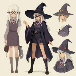 character model sheet of female student witch by greg rutkowski, witch academia, magic school uniform, white hair color, library nerd glasses, by studio ghibli and ross tran, digital art, trending on artstation, highly detailed, concept art, beautiful, masterpiece