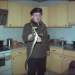 a huge snake a man in a stalinist style kitchen, by mini dv camera, very very low quality, heavy grain, very blurry, accidental flash, webcam footage, found footage, security cam, caught on trail cam