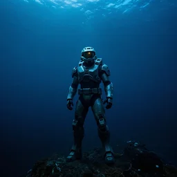 halo master cheif, under water, deep sea, dark, cinematic, small glow, wide angle,