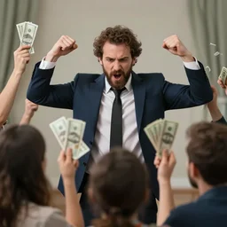 rich person flexing their cash to poor people, poor people with no money, person raising money up in front of people, photorealistic + rendered in vrat + hd + trending on artstation + DOF + Reality