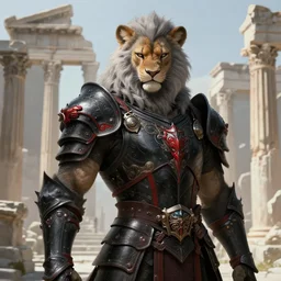 light grey hair portrait knights of muscular male furry liger + smoky eyes, matt black / little red color armor, in ruined agora of athens, ssci - fi and fantasy, intricate and very very beautiful and elegant, highly detailed, digital painting, artstation, concept art, frostbite engine, smooth and sharp focus, illustration, art by tian zi and wlop and alphonse mucha