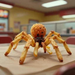 the spider made of french fries at the fast food place, film still from the movie directed by denis villeneuve and david cronenberg with art direction by salvador dali and zdzisław beksinski, wide lens