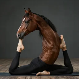 a horse doing yoga poses, very detailed and sharp photorealistic, cinematic lighting