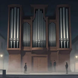 illustration of close - up street view of a massive pipe organ, night, ground fog, by peter mohrbacher, by alex andreev, by jacek yerka, large depth of field, super detailed, digital art, trending on artstation, minimalism