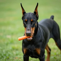 doberman dog eating a carrot, photo
