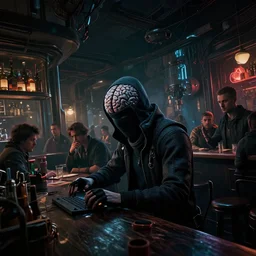 low wide tilted angle perspective photo of a cerebral hacking in the corner of a crowded bar at midnight, cyberpunk, 3 d render, by wayne barlowe, by beeple, by artgerm, beksinski, rutkowski, peter gric, photorealistic, cinematic dramatic lighting, ominous electric atmosphere, album cover art, blade runner 2 0 4 9, masterpiece