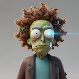 rick and morty exploding head fused with a lovecraft fat space zombie wearing a exploding wig and a pirate patch, laser eye, photo, portrait, 3d, high details, intricate details, by vincent di fate, artgerm julie bell beeple, 90s, Smooth gradients, octane render, 8k, volumetric lightning, High contrast, duo tone, depth of field, very coherent symmetrical artwork