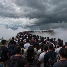 a huge queue entering the realms of heaven, surrealist art, deep painting, cloudy sky, storm, gopro