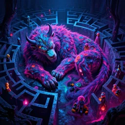mystical fierce sleeping beast in dark spooky labyrinth, highly detailed, bright neon colors, synthwave, cinematic, michael whelan, jim burns, robert morello, vladimir kush, chris foss, tim white, alfred kelsner, kubrick, bob eggleton, boris vallejo, lisa frank