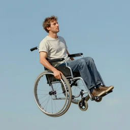 a man in a wheelchair flying in the air, digital painting by Pablo Picasso