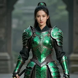 photograph of a real-life beautiful! female warrior with emerald encrusted armour.  Extremely detailed. 8k
