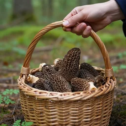 count orlok collecting morel mushrooms in a wicker basket, in the woods, 4 k photograph