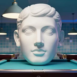 roger de la fresnaye, giant head, vaporwave 8 0's tile pool room, giant head statue ruins, by beeple, rainbow, windows, 3 d rendering, fantasy lut, epic composition, sci - fi, surreal, angelic, roman marble statue, cinematic, 8 k, unreal engine, photorealistic, palm trees