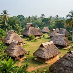 kerala village with thatched houses designed by zaha hadid, sharp focus, wide shot, trending on artstation, masterpiece, by greg rutkowski, by ross tran, by fenghua zhong, octane, soft render, ultrarealistic, colorful, cinematic