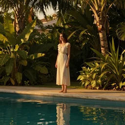 anne hathaway, golden hour, in a tropical garden by a pool, artstation, by j. c. leyendecker and peter paul rubens,