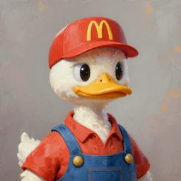 oil painting portrait of anthropomorphic duck animal dressed in modern american mcdonalds uniform, wearing mcdonalds hat, digital art
