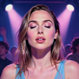portrait gal gadot, night club, techno, rave, eyes closed, intimate, pastel pink and blue colors, beautiful face, rule of thirds, spotlight, drips of paint, expressive, passionate, by greg rutkowski, by jeremy mann, by francoise nielly, by van gogh, digital painting