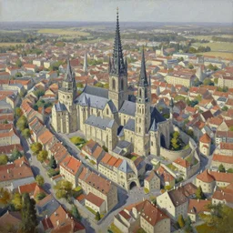 oil paint birds eye view of a small medieval city with skyscrapers towers
