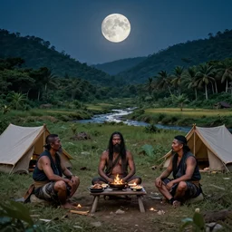 three tai warlords meet on a full moon night in a makeshift camp in the middle of the battlefield in the valleys and tropical forests near streams and fields