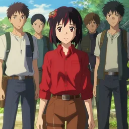 makoto shinkai, artgerm, yoji shinkawa, ilya kuvshinov, loish, beautiful anime woman, wearing full clothing red shirt brown pants, clockpunk, black and red hair hair, symmetrical face, symmetrical eyes, full round face, short smile, detailed, summer setting, cinematic lighting