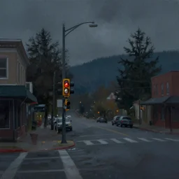 painterly, messy, ominous landscape of north bend, washington main street, dark, lonely stop light glowing