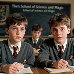 sharp, highly detailed, high quality frame from a 2 0 2 0 sci fi color movie, set in 1 9 5 5 in an alternate universe, two students in a lesson on magic, at the'school of science and magic ', good lighting, in focus, cinematic still, high quality scan, in focus, detailed eyes, realistic faces, award winning lighting